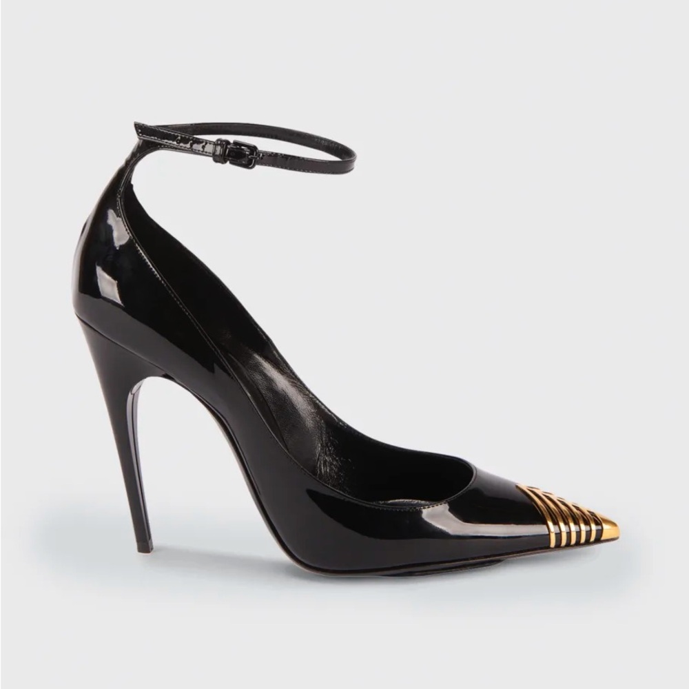 Saint Laurent Black Patent Leather Newton Ankle-Strap Pumps